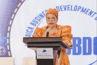 Chief Executive Officer, Jamaica Business Development Corporation, Valerie Veira, delivers remarks during the recent Digital Jamaica Summit and Showcase at The Jamaica Pegasus hotel in New Kingston. 