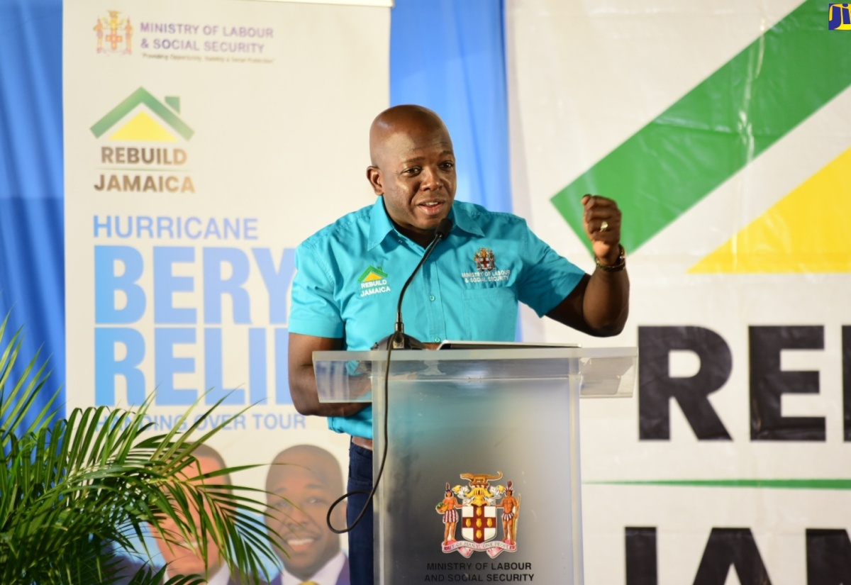 Minister of Labour and Social Security, Hon. Pearnel Charles Jr., addresses a ‘Rebuild Jamaica’ initiative cash grant presentation ceremony for persons affected by Hurricane Beryl, at Morant Villas Hotel in St. Thomas on Tuesday (September 3).

