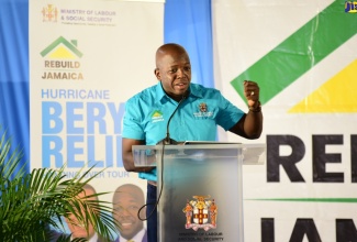 Minister of Labour and Social Security, Hon. Pearnel Charles Jr., addresses a ‘Rebuild Jamaica’ initiative cash grant presentation ceremony for persons affected by Hurricane Beryl, at Morant Villas Hotel in St. Thomas on Tuesday (September 3).

