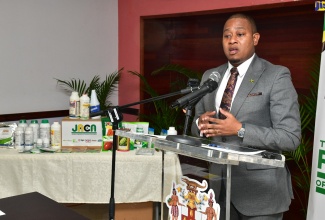 Minister of Agriculture, Fisheries and Mining, Hon. Floyd Green, delivers remarks during a handover ceremony at the Ministry’s offices in Kingston on Tuesday (September 24), during which the Jamaica Agricultural Chemical Association (JACA) donated $9 million in agricultural inputs to assist with the recovery effort for farmers affected by Hurricane Beryl

