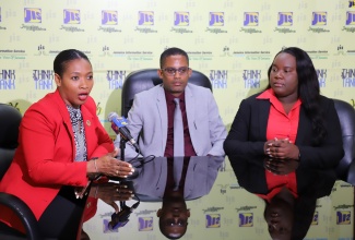 Mathematics Coach in the Ministry of Education and Youth, Tameka Lodge-Fenton (left); Chief Business Executive at City & Guilds, Dr. Ventley Brown, and Business Development Officer at City & Guilds, Racheed Reid, participate in a JIS Think Tank on September 4.

