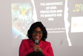 Chief Privacy Officer and Managing Director of United Consulting International Limited, Najuequa Barnes, addresses Thursday’s (September 19) Jamaica Special Economic Zone Authority (JSEZA) Business Acceleration Centre (BAC) Accelerator Series at the Terra Nova All-Suite Hotel in Kingston.

