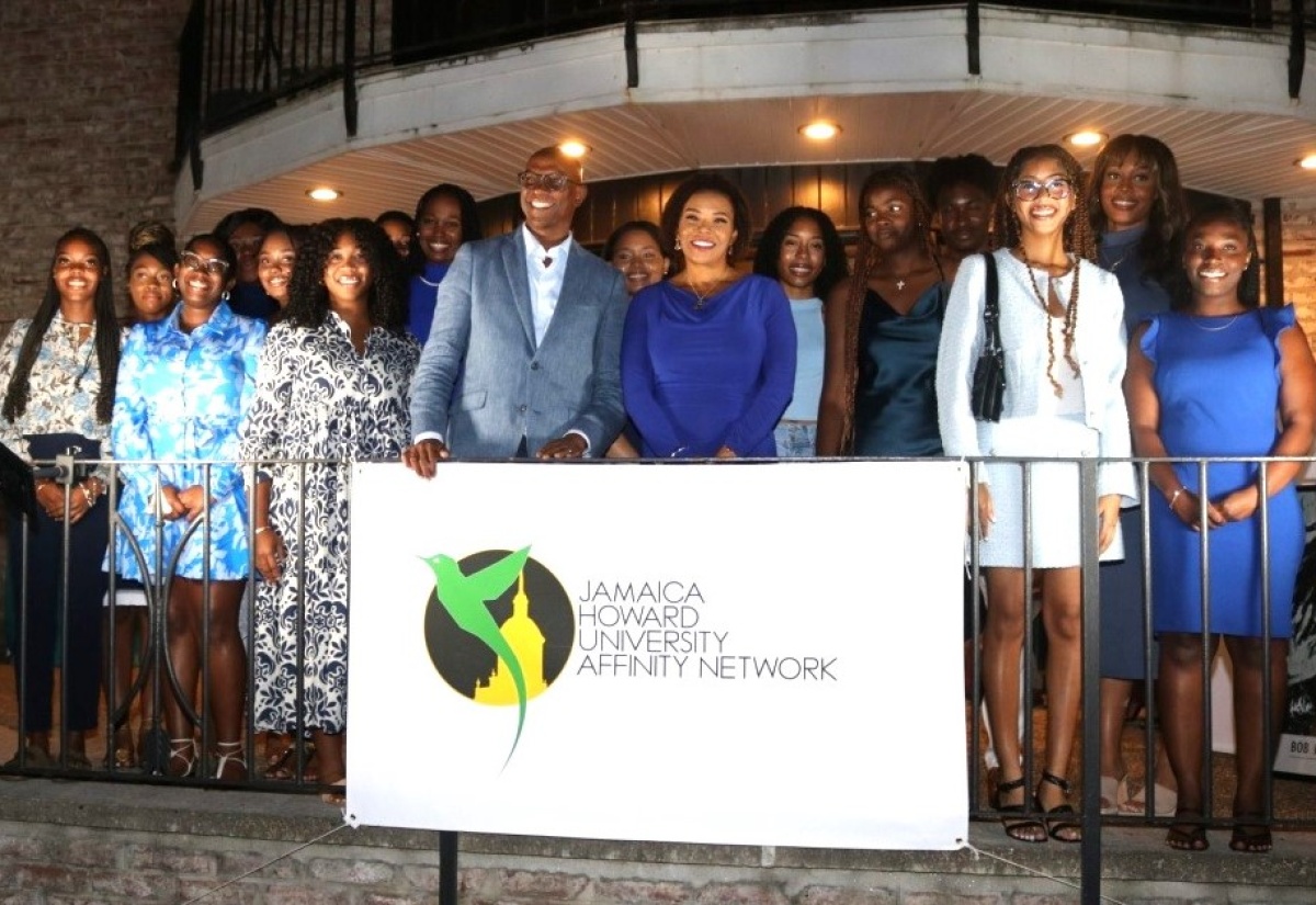 Jamaica’s Ambassador to the United States, Her Excellency Audrey P. Marks (seventh right) and Chairman of the Jamaica Howard University Affinity Network (JHUAN), Don Christian (eighth right), share a moment with the 2023 recipients of the JHUAN scholarship award.

