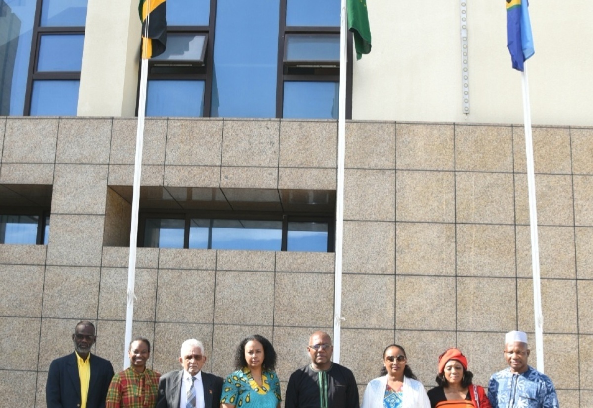 Permanent Secretary in the Ministry of Culture, Gender, Entertainment and Sport, Denzil Thorpe (left) along with (from second left) Principal Director, Culture, Ministry of Culture, Gender, Entertainment and Sport, Jo-Anne Archibald; High Commissioner for the Republic of Trinidad and Tobago, His Excellency, Deryck Murray; Consul General for the Bahamas in Jamaica, Alveta Knight; Acting Permanent Secretary, Ministry of Foreign Affairs and Foreign Trade, Ambassador Esmond Reid; Honorary Consul for Ethiopia in Jamaica, Yodit Hylton; South African High Commissioner, Her Excellency Lumka Yevgeni; and Chargé d'affaires, Nigerian High Commission, Tajudeen Epo Adulkadir at the Africa-CARICOM Day event held today (September 7) at the Ministry of Foreign Affairs and Foreign Trade in Kingston.  During the 2021 Inaugural Africa-CARICOM Summit, a decision was taken for September 7 to be observed as Africa-CARICOM Day.  This annual acknowledgement as outlined by the Caribbean Community (CARICOM), is an initiative aimed at strengthening relationships and fostering cooperation between CARICOM and the African Union (AU).