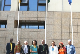 Permanent Secretary in the Ministry of Culture, Gender, Entertainment and Sport, Denzil Thorpe (left) along with (from second left) Principal Director, Culture, Ministry of Culture, Gender, Entertainment and Sport, Jo-Anne Archibald; High Commissioner for the Republic of Trinidad and Tobago, His Excellency, Deryck Murray; Consul General for the Bahamas in Jamaica, Alveta Knight; Acting Permanent Secretary, Ministry of Foreign Affairs and Foreign Trade, Ambassador Esmond Reid; Honorary Consul for Ethiopia in Jamaica, Yodit Hylton; South African High Commissioner, Her Excellency Lumka Yevgeni; and Chargé d'affaires, Nigerian High Commission, Tajudeen Epo Adulkadir at the Africa-CARICOM Day event held today (September 7) at the Ministry of Foreign Affairs and Foreign Trade in Kingston.  During the 2021 Inaugural Africa-CARICOM Summit, a decision was taken for September 7 to be observed as Africa-CARICOM Day.  This annual acknowledgement as outlined by the Caribbean Community (CARICOM), is an initiative aimed at strengthening relationships and fostering cooperation between CARICOM and the African Union (AU).