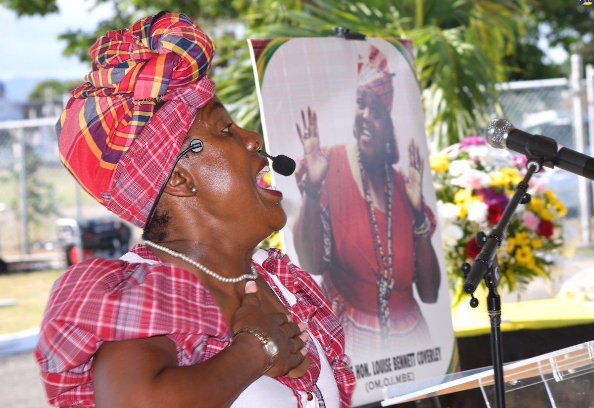 Actress Deon Silvera performs an item at a floral tribute to commemorate the 105th anniversary of the birth of cultural icon, Dr. the Hon. Louise Bennett Coverley at National Heroes Park in Kingston on September 7. Miss Lou, who was born on September 7, 1919, passed away on July 26, 2006 in Canada.