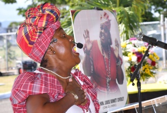 Actress Deon Silvera performs an item at a floral tribute to commemorate the 105th anniversary of the birth of cultural icon, Dr. the Hon. Louise Bennett Coverley at National Heroes Park in Kingston on September 7. Miss Lou, who was born on September 7, 1919, passed away on July 26, 2006 in Canada.