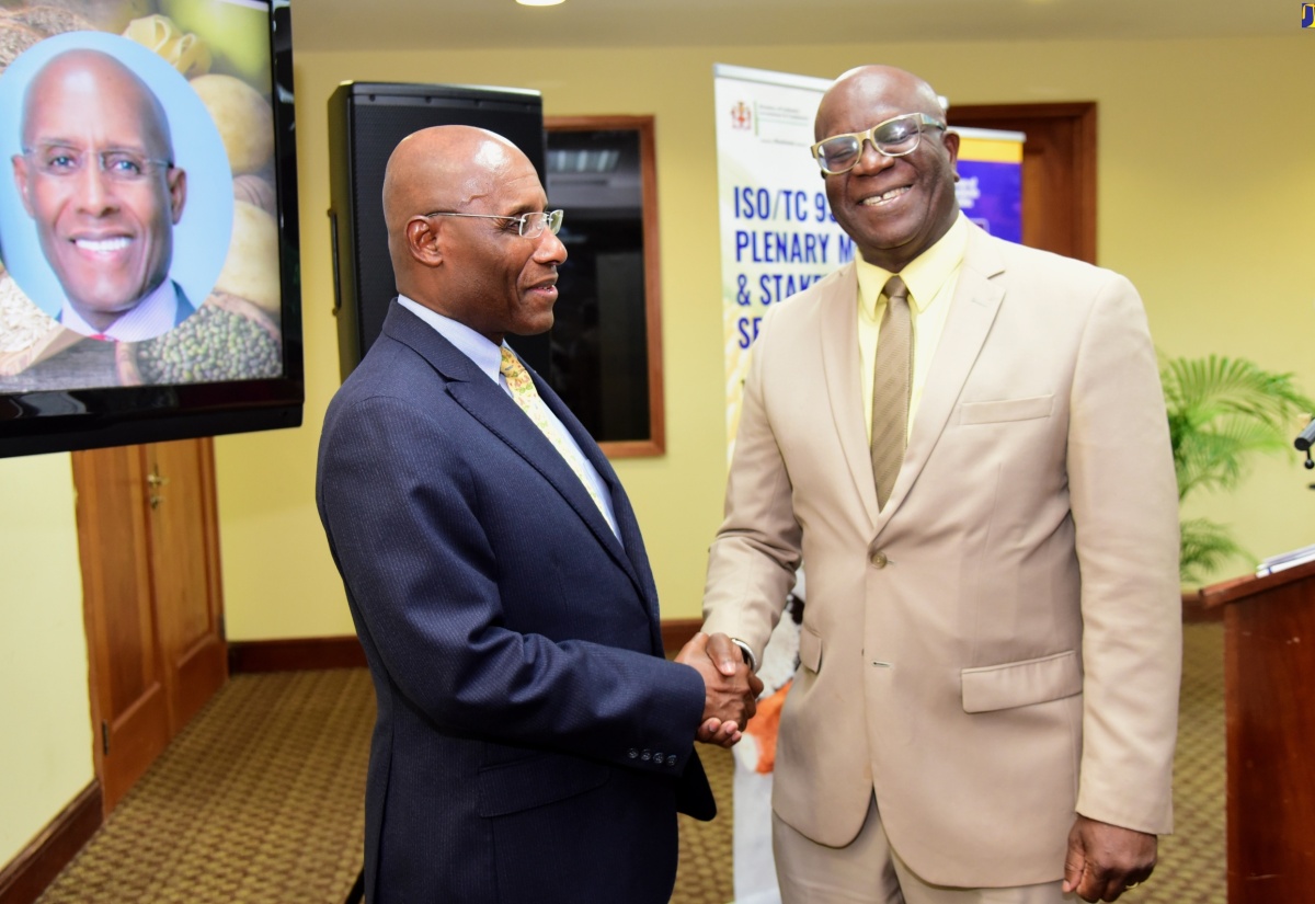 Industry, Investment and Commerce Minister, Senator the Hon Aubyn Hill (left), shakes hands with Executive Director of Bureau of Standards Jamaica (BSJ), Dr. Velton Gooden, at the BSJ Starch Stakeholders’ Symposium on September 19 at the University of the West Indies (UWI) Regional Headquarters, St. Andrew.

