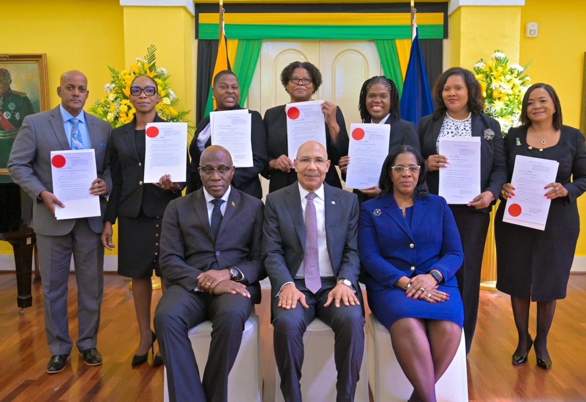 Governor-General, His Excellency the Most Hon. Sir Patrick Allen (seated centre); Chief Justice, Hon. Bryan Sykes (seated left); and President of the Court of Appeal, Hon Justice Marva McDonald Bishop (seated right), with members of the judiciary who were sworn in to higher offices at today’s (September 16) swearing in ceremony, at King’s House. They are from (left) Justice Kissock Laing;  Her Honour Tracey-Ann Johnson; Her Honour Opal Smith; Justice Georgiana Fraser; Ms. Andrea Martin Swaby; Her Honour Christine McNeil and Ms. Maxine Jackson.

