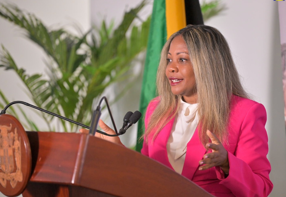 Minister without Portfolio in the Office of the Prime Minister, with responsibility for Information, Skills and Digital Transformation, Senator Dr. the Hon. Dana Morris Dixon, addressing Wednesday’s (September 18) post-Cabinet press briefing at the corporate office of business processing outsourcing firm iTel, in St. Andrew.

