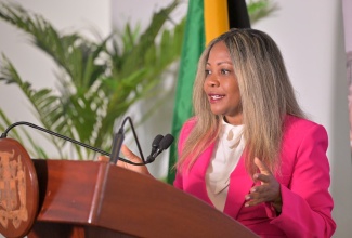 Minister without Portfolio in the Office of the Prime Minister, with responsibility for Information, Skills and Digital Transformation, Senator Dr. the Hon. Dana Morris Dixon, addressing Wednesday’s (September 18) post-Cabinet press briefing at the corporate office of business processing outsourcing firm iTel, in St. Andrew.

