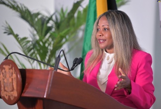 Minister without Portfolio in the Office of the Prime Minister, with responsibility for Skills, Digital Transformation and Information, Senator Dr. the Hon. Dana Morris Dixon, addresses a post-Cabinet press briefing at iTel’s corporate office in St. Andrew, on September 18.

