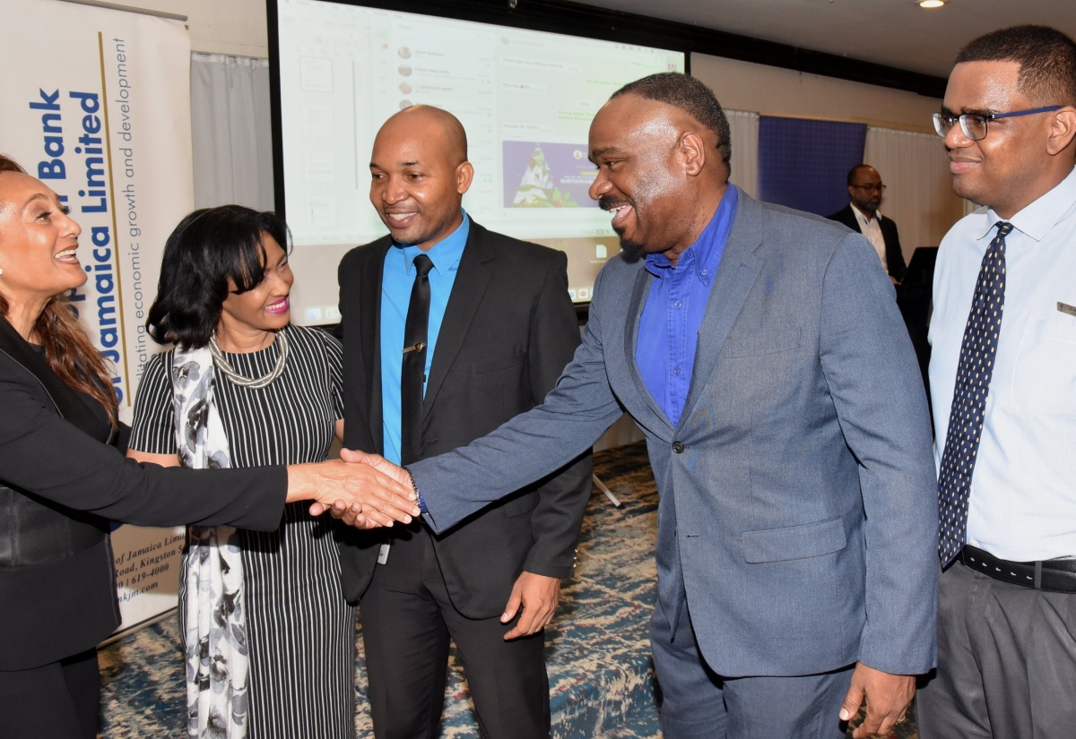 Managing Director at Leve Global, Dr. Auliana Poon (left), greets General Manager, Trade & Commercial Lending, EXIM Bank, Winston Lawson (second right), at a National Consultation and Validation Workshop held on Tuesday (September 17) at The Jamaica Pegasus hotel in New Kingston. Others (from left) are General Manager, Strategic Services Division, DBJ, Deborah Newland; Assistant General Manager, Lasco Microfinance Limited, Ricardo Thomas; and Administrator, Newport Medical Group, Dennis Chen.

