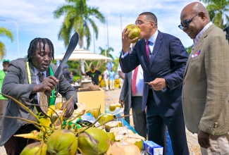 Prime Minister, Dr. the Most Hon. Andrew Holness (centre), enjoys fresh coconut water at the booth of vendor, Garth Sinclair (left), as Minister of Tourism, Hon. Edmund Bartlett (right), looks on. Occasion was Sandals Resorts International’s Mega Showcase, which was held at the Montego Bay Convention Centre in St. James on Wednesday (October 16).

